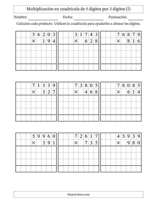 La hoja de ejercicios de Multiplicación con apoyo de cuadrícula de 5 dígitos por 3 dígitos (I)