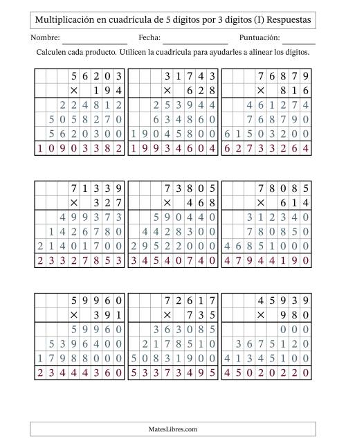 La hoja de ejercicios de Multiplicación con apoyo de cuadrícula de 5 dígitos por 3 dígitos (I) Página 2