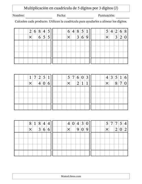 La hoja de ejercicios de Multiplicación con apoyo de cuadrícula de 5 dígitos por 3 dígitos (J)