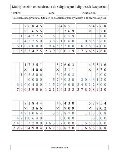 La hoja de ejercicios de Multiplicación con apoyo de cuadrícula de 5 dígitos por 3 dígitos (J) Página 2