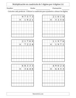 Multiplicación con apoyo de cuadrícula de 5 dígitos por 4 dígitos