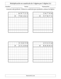 Multiplicación con apoyo de cuadrícula de 5 dígitos por 5 dígitos
