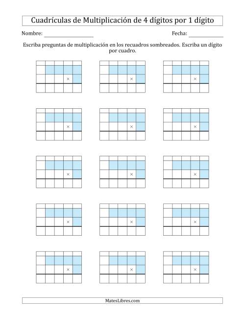 La hoja de ejercicios de Cuadrículas en Blanco para Multiplicar Números de 4 Dígitos por 1 Dígito (A)