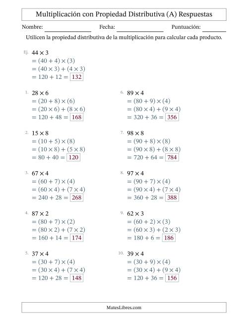La hoja de ejercicios de Multiplicar números de 2 dígitos por números de 1 dígitos utilizando la propiedad distributiva (A) Página 2