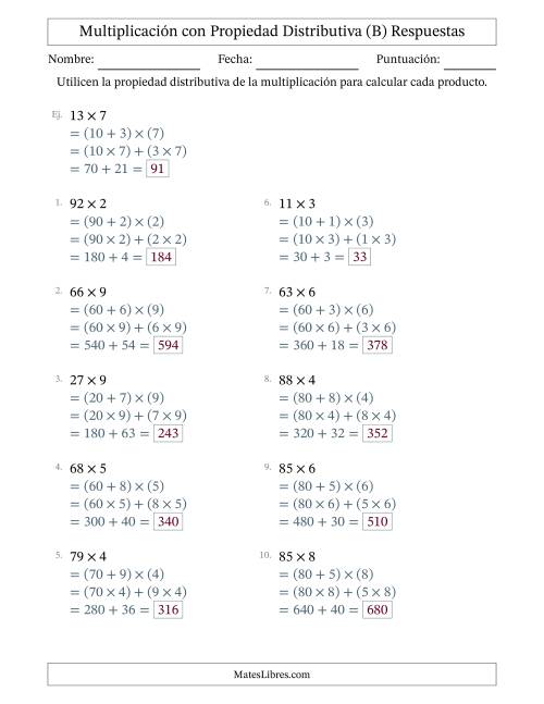 La hoja de ejercicios de Multiplicar números de 2 dígitos por números de 1 dígitos utilizando la propiedad distributiva (B) Página 2