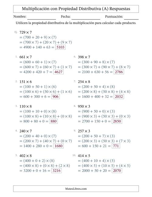 La hoja de ejercicios de Multiplicar números de 3 dígitos por números de 1 dígitos utilizando la propiedad distributiva (A) Página 2