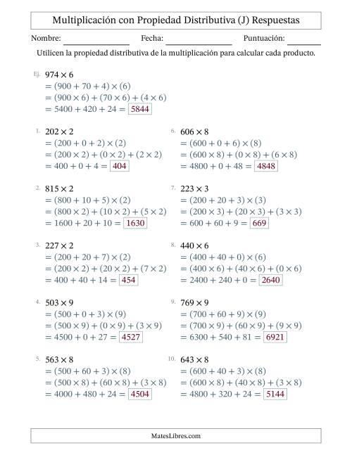 La hoja de ejercicios de Multiplicar números de 3 dígitos por números de 1 dígitos utilizando la propiedad distributiva (J) Página 2