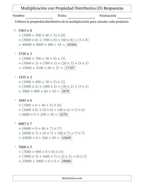 La hoja de ejercicios de Multiplicar números de 4 dígitos por números de 1 dígitos utilizando la propiedad distributiva (D) Página 2