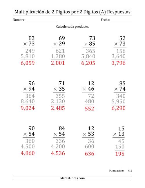 La hoja de ejercicios de Multiplicar Números de 2 Dígitos por 2 Dígitos (Formato Grande) Usando Comas como Separadores de Millares (A) Página 2