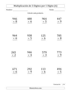 Multiplicar Números de 3 Dígitos por 1 Dígito (Formato Grande) Usando Comas como Separadores de Millares