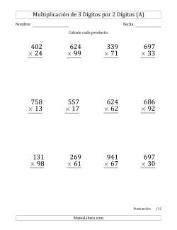 Multiplicar Números de 3 Dígitos por 2 Dígitos (Formato Grande) Usando Comas como Separadores de Millares