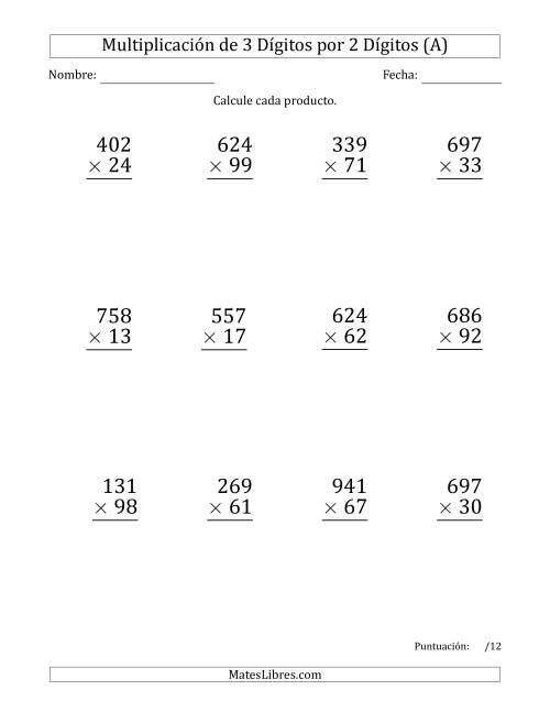 La hoja de ejercicios de Multiplicar Números de 3 Dígitos por 2 Dígitos (Formato Grande) Usando Comas como Separadores de Millares (A)