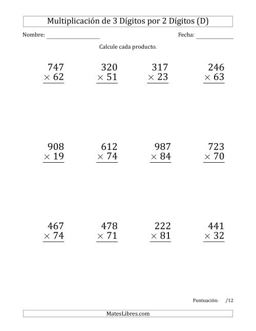 La hoja de ejercicios de Multiplicar Números de 3 Dígitos por 2 Dígitos (Formato Grande) Usando Comas como Separadores de Millares (D)