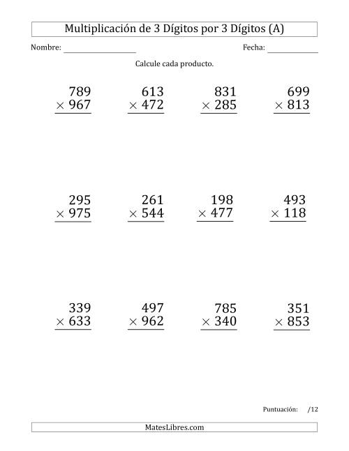 La hoja de ejercicios de Multiplicar Números de 3 Dígitos por 3 Dígitos (Formato Grande) Usando Comas como Separadores de Millares (A)
