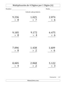 Multiplicar Números de 4 Dígitos por 1 Dígito (Formato Grande) Usando Comas como Separadores de Millares