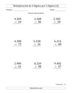 Multiplicar Números de 4 Dígitos por 2 Dígitos (Formato Grande) Usando Comas como Separadores de Millares