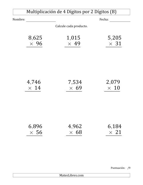 La hoja de ejercicios de Multiplicar Números de 4 Dígitos por 2 Dígitos (Formato Grande) Usando Comas como Separadores de Millares (B)