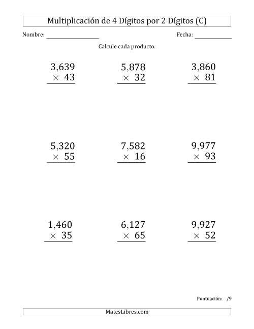 La hoja de ejercicios de Multiplicar Números de 4 Dígitos por 2 Dígitos (Formato Grande) Usando Comas como Separadores de Millares (C)