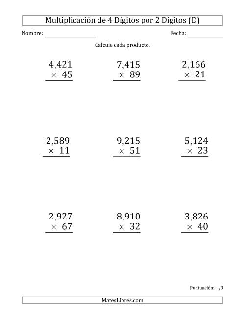 La hoja de ejercicios de Multiplicar Números de 4 Dígitos por 2 Dígitos (Formato Grande) Usando Comas como Separadores de Millares (D)
