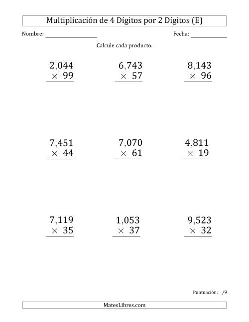 La hoja de ejercicios de Multiplicar Números de 4 Dígitos por 2 Dígitos (Formato Grande) Usando Comas como Separadores de Millares (E)