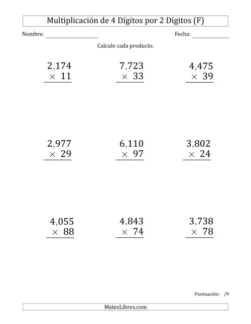 La hoja de ejercicios de Multiplicar Números de 4 Dígitos por 2 Dígitos (Formato Grande) Usando Comas como Separadores de Millares (F)