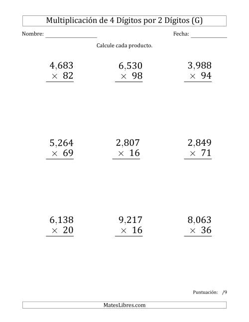 La hoja de ejercicios de Multiplicar Números de 4 Dígitos por 2 Dígitos (Formato Grande) Usando Comas como Separadores de Millares (G)
