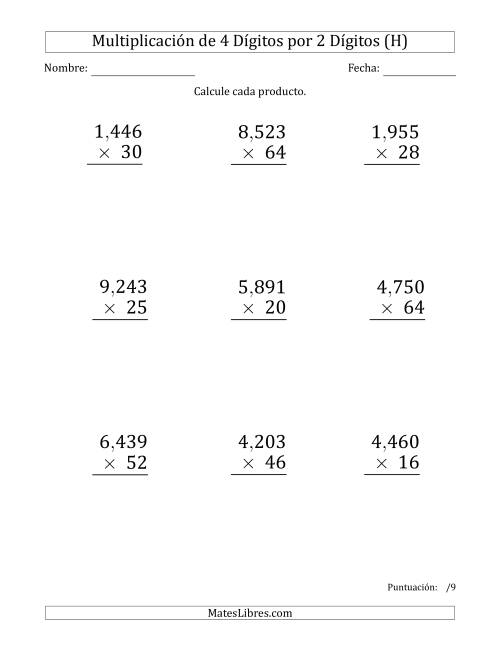 La hoja de ejercicios de Multiplicar Números de 4 Dígitos por 2 Dígitos (Formato Grande) Usando Comas como Separadores de Millares (H)