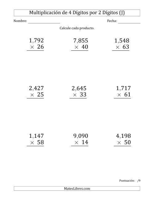 La hoja de ejercicios de Multiplicar Números de 4 Dígitos por 2 Dígitos (Formato Grande) Usando Comas como Separadores de Millares (J)