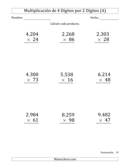 La hoja de ejercicios de Multiplicar Números de 4 Dígitos por 2 Dígitos (Formato Grande) Usando Comas como Separadores de Millares (Todas)