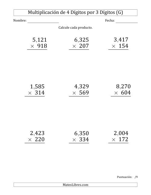 La hoja de ejercicios de Multiplicar Números de 4 Dígitos por 3 Dígitos (Formato Grande) Usando Comas como Separadores de Millares (G)