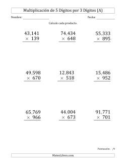 Multiplicar Números de 5 Dígitos por 3 Dígitos (Formato Grande) Usando Comas como Separadores de Millares