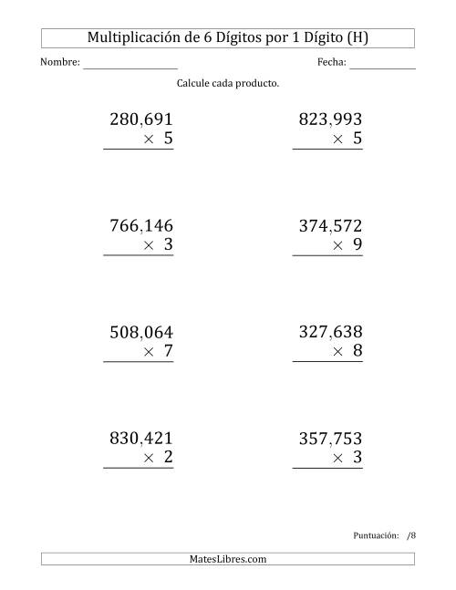 La hoja de ejercicios de Multiplicar Números de 6 Dígitos por 1 Dígito (Formato Grande) Usando Comas como Separadores de Millares (H)