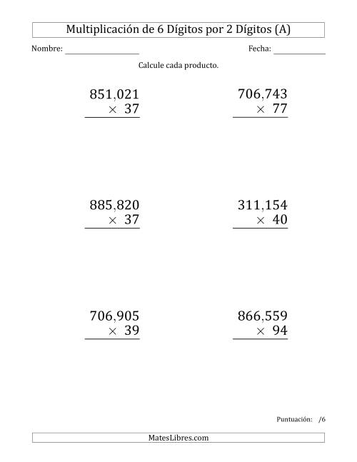 La hoja de ejercicios de Multiplicar Números de 6 Dígitos por 2 Dígitos (Formato Grande) Usando Comas como Separadores de Millares (A)