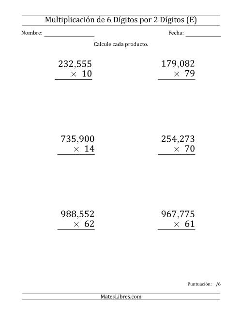 La hoja de ejercicios de Multiplicar Números de 6 Dígitos por 2 Dígitos (Formato Grande) Usando Comas como Separadores de Millares (E)