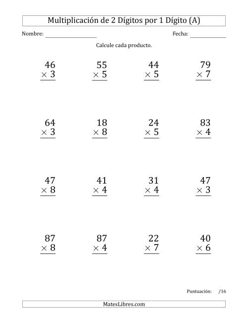 La hoja de ejercicios de Multiplicar Números de 2 Dígitos por 1 Dígito (Formato Grande) Usando Espacios como Separadores de Millares (A)