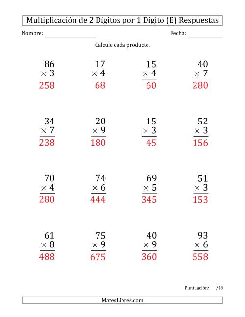 La hoja de ejercicios de Multiplicar Números de 2 Dígitos por 1 Dígito (Formato Grande) Usando Espacios como Separadores de Millares (E) Página 2