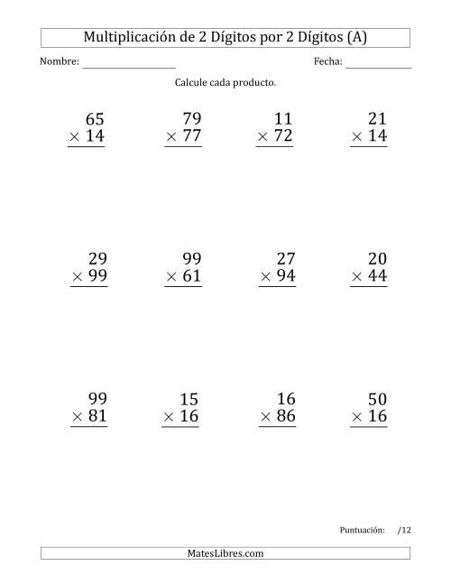La hoja de ejercicios de Multiplicar Números de 2 Dígitos por 2 Dígitos (Formato Grande) Usando Espacios como Separadores de Millares (A)