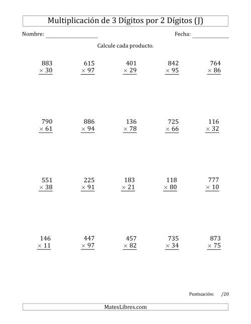 La hoja de ejercicios de Multiplicar Números de 3 Dígitos por 2 Dígitos Usando Espacios como Separadores de Millares (J)