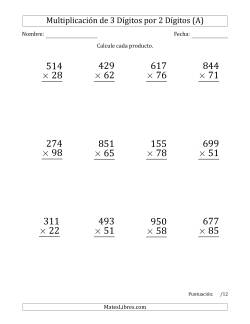 Multiplicar Números de 3 Dígitos por 2 Dígitos (Formato Grande) Usando Espacios como Separadores de Millares