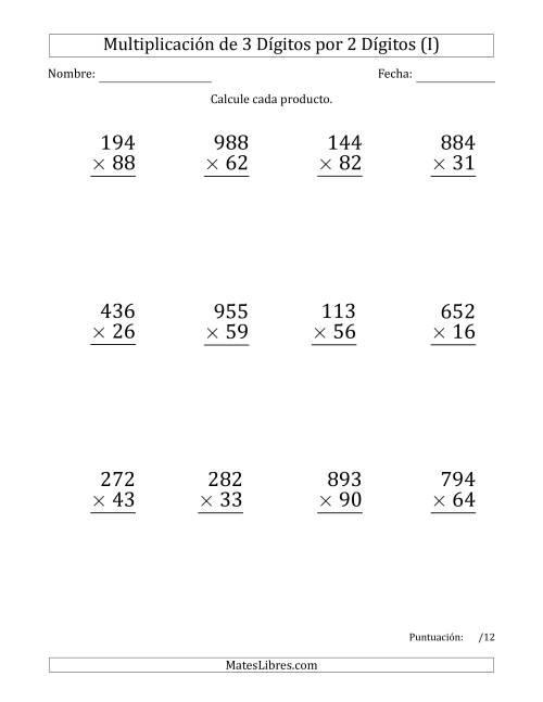 La hoja de ejercicios de Multiplicar Números de 3 Dígitos por 2 Dígitos (Formato Grande) Usando Espacios como Separadores de Millares (I)