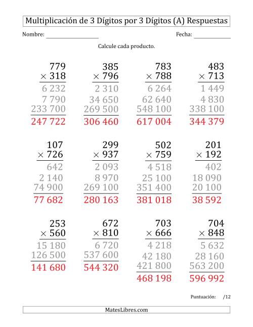 La hoja de ejercicios de Multiplicar Números de 3 Dígitos por 3 Dígitos (Formato Grande) Usando Espacios como Separadores de Millares (A) Página 2