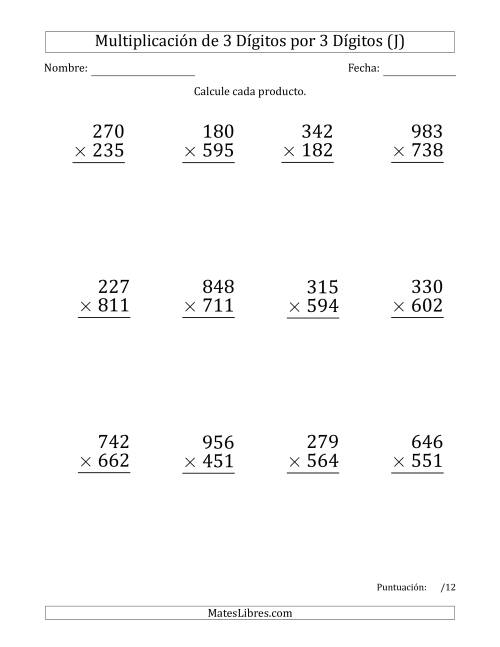 La hoja de ejercicios de Multiplicar Números de 3 Dígitos por 3 Dígitos (Formato Grande) Usando Espacios como Separadores de Millares (J)