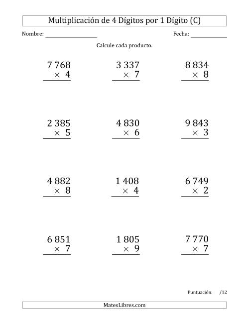 La hoja de ejercicios de Multiplicar Números de 4 Dígitos por 1 Dígito (Formato Grande) Usando Espacios como Separadores de Millares (C)