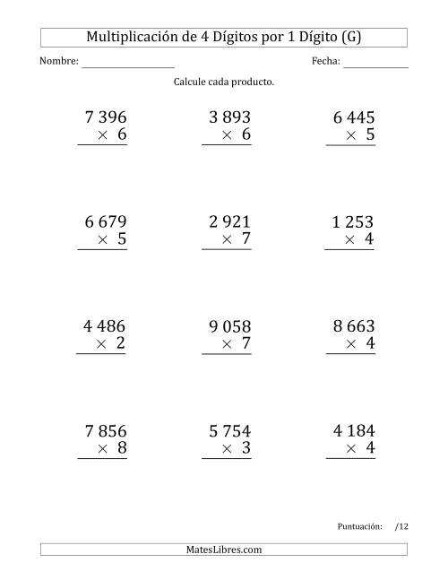 La hoja de ejercicios de Multiplicar Números de 4 Dígitos por 1 Dígito (Formato Grande) Usando Espacios como Separadores de Millares (G)