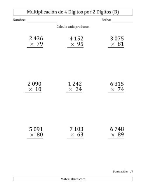 La hoja de ejercicios de Multiplicar Números de 4 Dígitos por 2 Dígitos (Formato Grande) Usando Espacios como Separadores de Millares (B)