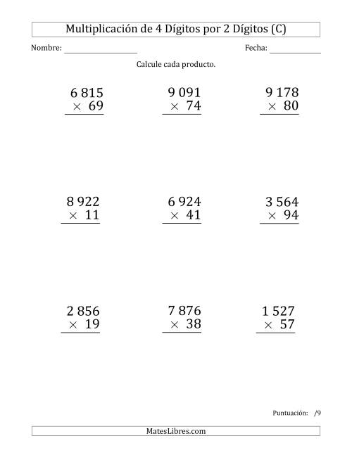 La hoja de ejercicios de Multiplicar Números de 4 Dígitos por 2 Dígitos (Formato Grande) Usando Espacios como Separadores de Millares (C)