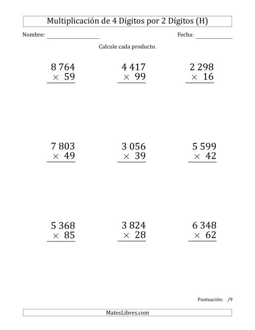La hoja de ejercicios de Multiplicar Números de 4 Dígitos por 2 Dígitos (Formato Grande) Usando Espacios como Separadores de Millares (H)