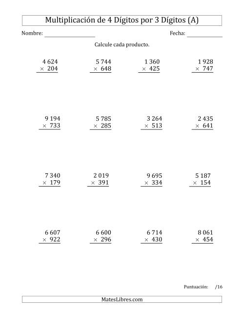La hoja de ejercicios de Multiplicar Números de 4 Dígitos por 3 Dígitos Usando Espacios como Separadores de Millares (A)