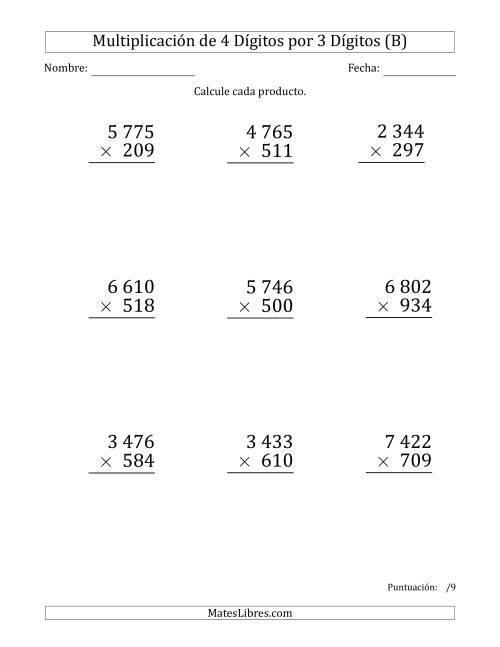 La hoja de ejercicios de Multiplicar Números de 4 Dígitos por 3 Dígitos (Formato Grande) Usando Espacios como Separadores de Millares (B)