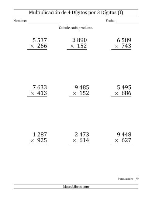 La hoja de ejercicios de Multiplicar Números de 4 Dígitos por 3 Dígitos (Formato Grande) Usando Espacios como Separadores de Millares (I)